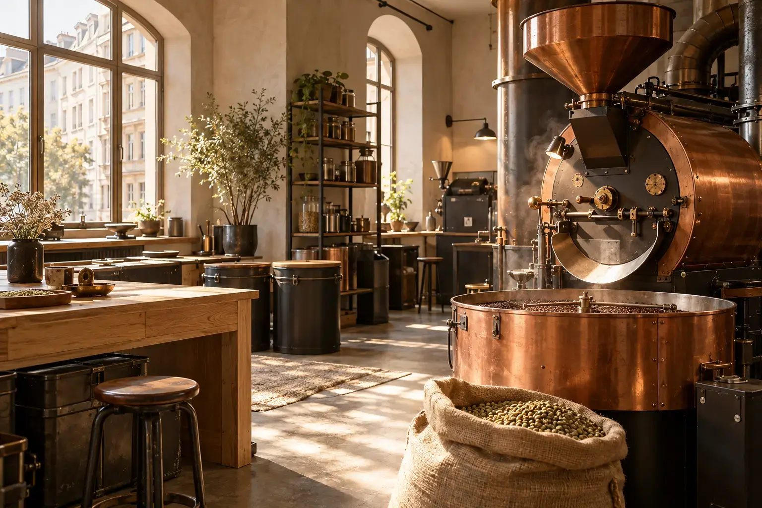 KI-generierte Konzeptvisualisierung einer kleinen Kaffeerösterei mit Kupferröster und warmem Tageslicht.