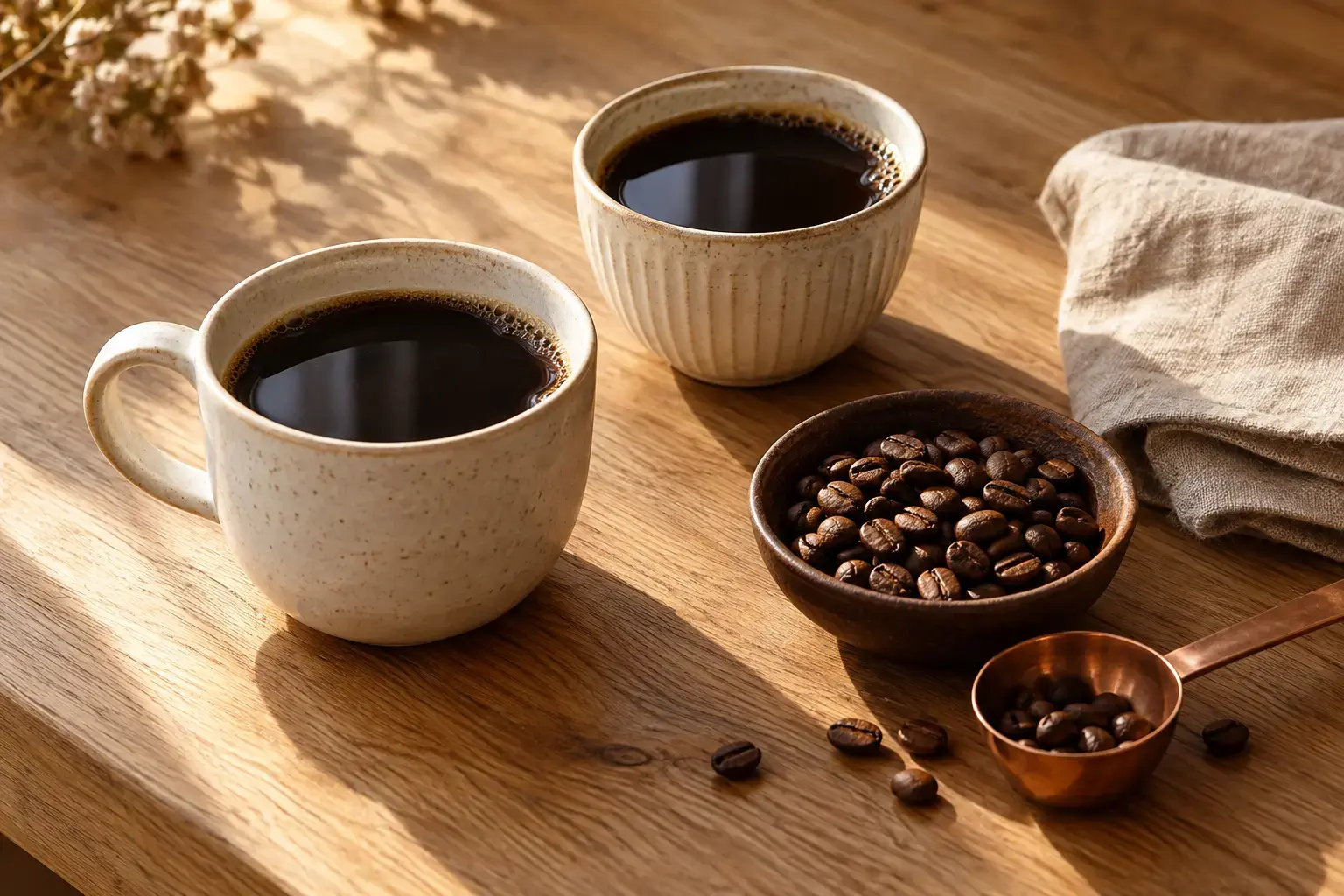 KI-generiertes Stillleben mit zwei Keramiktassen, gerösteten Kaffeebohnen, Leinen und Kupferlöffel.